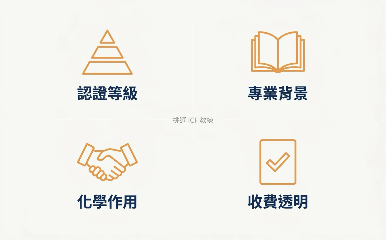 ICF 教練完整指南:認證、選擇、費用一次看懂 2 如何挑選 ICF 教練:認證等級、專業背景、化學作用、收費透明四個關鍵指標決策矩陣