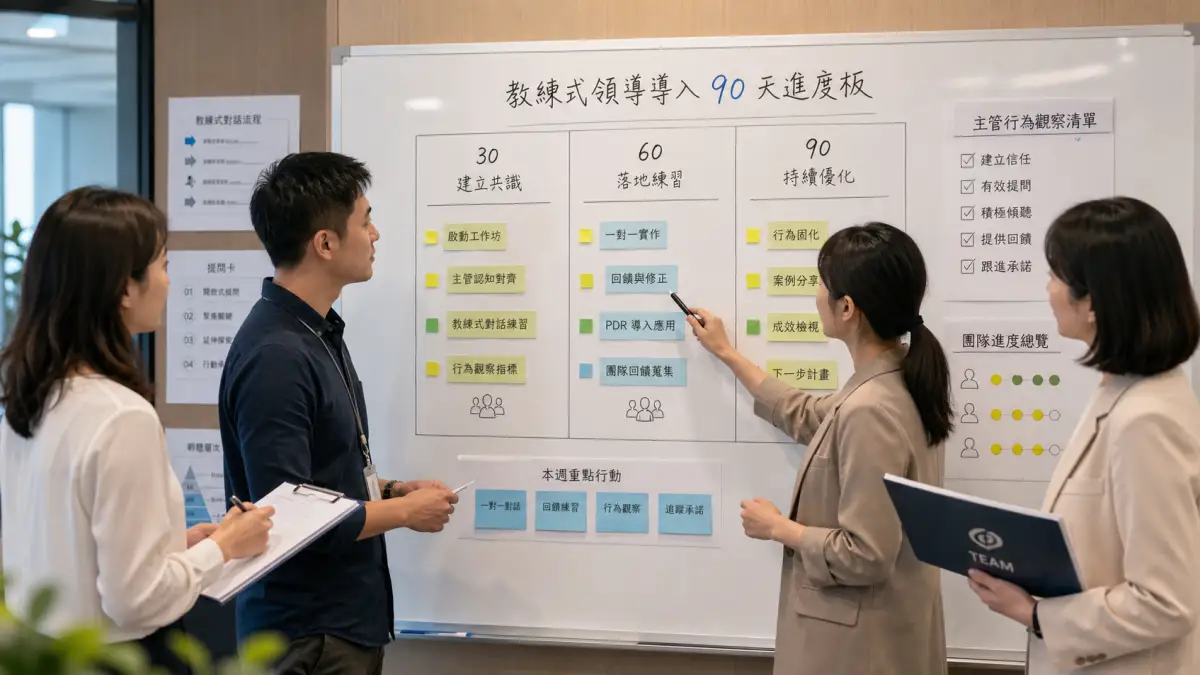 HR 如何導入教練式領導:從主管一對一到 PDR 的 90 天路線圖 1 HR 檢視 30 60 90 天教練式領導導入進度板